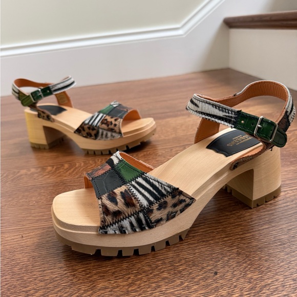 NIB SWEDISH HASBEENS Jungle Sandals Patchwork Wooden Leather Calf Hair Chunky 40 - Picture 1 of 14